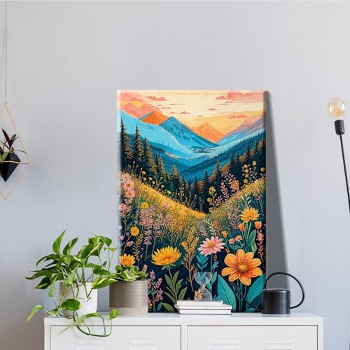 JOOZ Mountain Paint by Numbers Kit for Adults with Frame, Flowers Paint by Number with Easel, DIY Landscape Adult Paint by Number Kits Framed Canvas for Home Wall Decor 8 x 12 Inch - Image 3