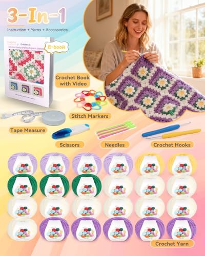 Coopay Crochet Blanket Kit for Beginners, Easy 3D Granny Square Blanket Kit - Image 6