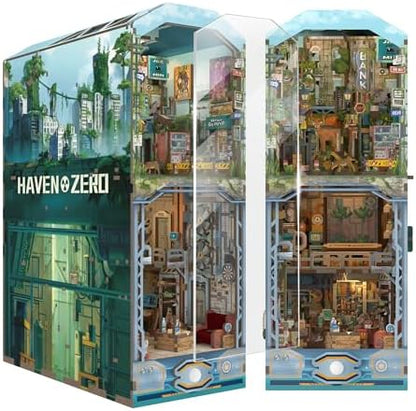 Tonecheer DIY Book Nook Kit for Adults, Wooden 3D Puzzle Bookend Diorama Bookshelf Insert Decor Fancy Books, Booknook Miniature House Kit with Dust Cover and Sensor LED (Haven Zero) by Tonecheer