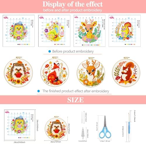 Zhenqing Autumn Animals Cross Stitch Kit - 4-Piece Set with Pre-Printed 11CT 24x24cm Fabric, Hoop & Tools, Fall Theme Animal Designs for Beginners (70412) - Image 5
