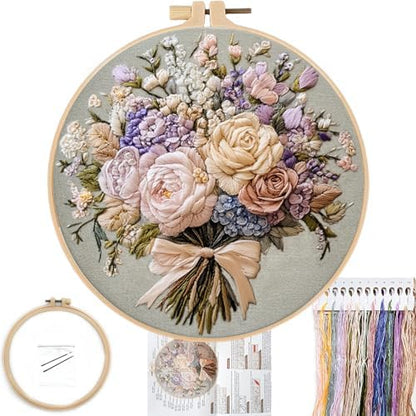 FONNUY Bouquet Flowers Embroidery Kit for Beginners, Pre-Stamped Pattern Kits for Adults with Hoop, Easy to Follow Color Thread Needlework, 8'' Hoop (Timeless Elegance) by FONNUY