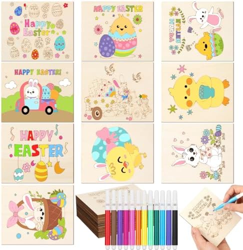 Soulchen 60 Pcs Large Easter Painting Crafts for Kids 4.7 x 3.9 Inch Unfinished Wood to Paint for Adults Bulk DIY Wooden Arts Kit for Coloring Bunny Eggs Flowers Ducks Crafts with 12 Crayons by Soulchen