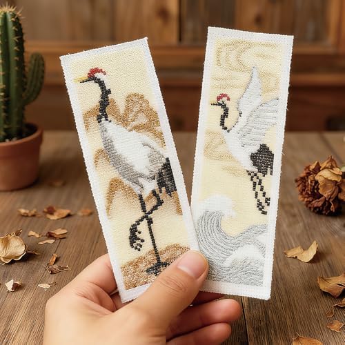 FREEBLOSS 6 Set Cross Stitch Bookmark Kit 11 CT Complete Stamped Cross Stitch Kit DIY Embroidery Bookmark Kits for Adult Beginners with Instructions, Crane Pattern, 6 x 20 cm/8" x 2.4" - Image 6