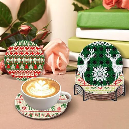 DOTZSO 8 Pcs Christmas Diamond Painting Coasters with Holder Diamond Art Coasters for Beginners Adults & Beginner Diamond Art Kits for Adults Craft Supplies - Image 4