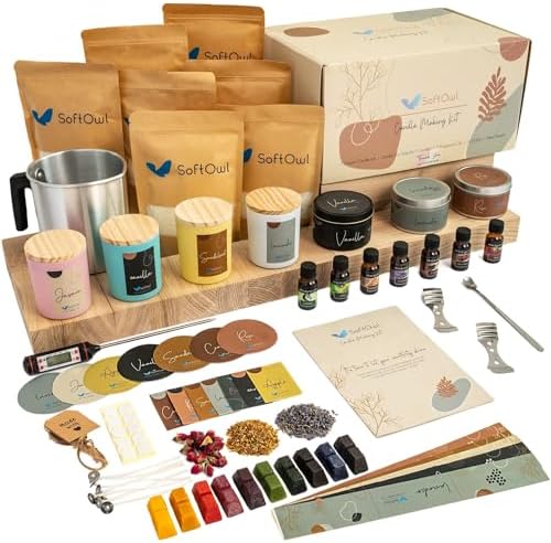 SoftOwl Premium Soy Candle Making Kit - Full Set - Soy Wax, Big 7oz Jars & Tins, 7 Pleasant Scents, Color Dyes & More - Perfect as Home Decorations - DIY Starter Scented Candles Making Kit by SoftOwl