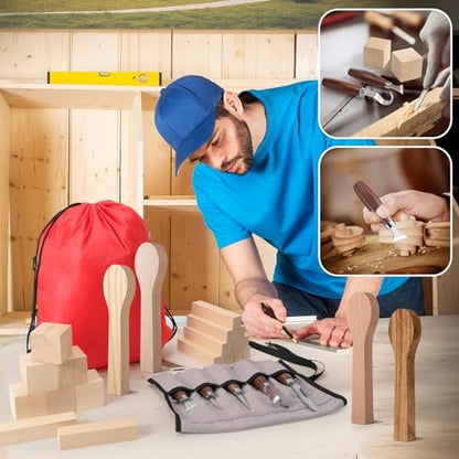 Therwen 27 Pcs Wood Carving Kit, 5 Pcs Wood Carving Tools with Storage Bag, Whittling Kit with 18Pcs Whittling Blocks and 4 pre Shaped Spoon Blanks and Drawstring Carry Bag for Crafts Beginners - Image 6