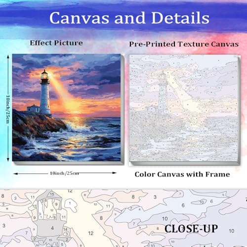 JUJUHOOD Sunset Lighthous Framed Paint by Numbers Kit for Adults Beginner & Kids Ages 8-12,Seaside Paint by Number Without Easel,Paint by Numbers for Gift Home Wall Decor (10x10Inch) - Image 3