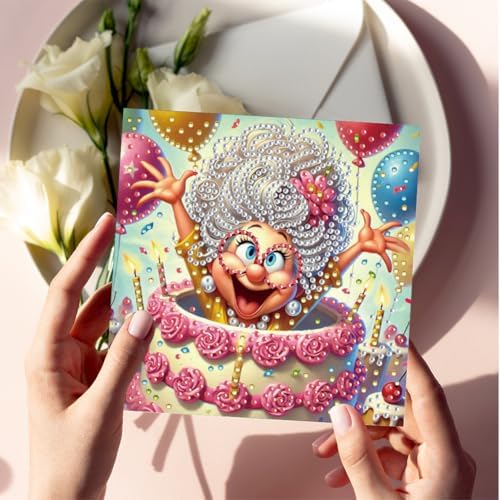 jinglinhh 6pcs Old Grandma Birthday Surprise Diamond Art Painting Greeting Cards with Envelopes, DIY Card Making Kits for Adults, Diamond Art Postcards Christmas Cards Craft Gifts - Image 7