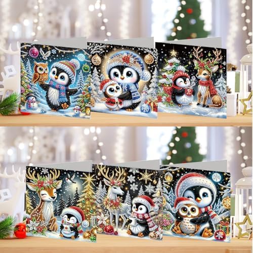 6pcs DIY Diamond Art Christmas Cards Kit with Envelopes & Tools-Diamond Dot Greeting Cards,Xmas 5D Rhinestones Painting for Adults,DIY Craft Family Friend Xmas Gifts(Christmas Penguin) - Image 2