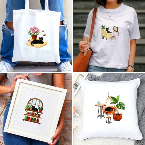 BEUNITONE 4 Set Embroidery Kit for Beginners, Daily Life of Cats Patterns Cross Stitch Kits, Needlepoint Kits for Adults with Hoop, Cute Hand Embroidery Patterns for Cloth and Home Decor - Image 7
