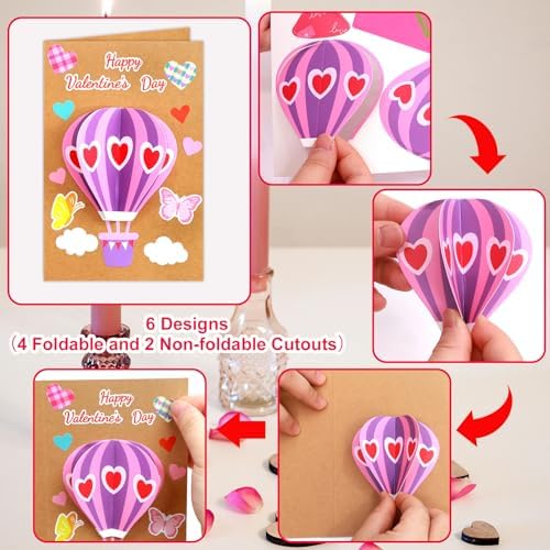 ceiba tree Valentine's Day Crafts for Kids Cards Making Kits 12 Pcs DIY 3D Hot Air Balloon Bouquet Greeting Card with Cutouts Sticker and Envelopes Bulk for Classroom Activities Party Favors - Image 3
