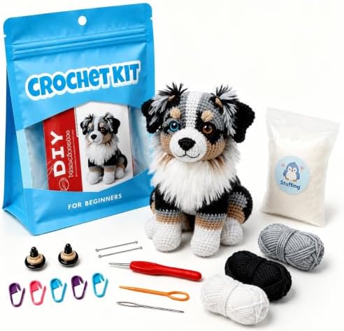 Beginner Crochet Kit for Adults & Teens, Australian Shepherd Dog Amigurumi Crochet Kit, Complete DIY Craft Supplies with Instructions, Cute Puppy Animal Starter Kit, Handmade Gift for Crochet Lovers by Unknown