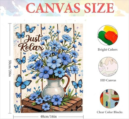 Blue Flowers With Butterfly Paint By Numbers Kit For Adults - Diy Rustic White Wood Background Painting On Canvas 16X20In, Acrylic Paint Set, Suitable For Beginners, Art For Home Decoration Or Gifts - Image 2