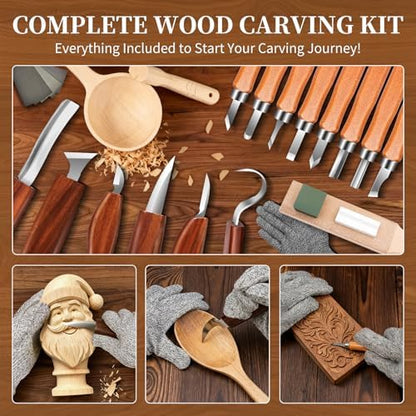YOYUPETA Wood Carving Kit, 32-Piece Professional Whittling & Carving Tool Set with Walnut Handle Knives, Detail Gouges, Sharpening Stone, Strop, Basswood Blanks and Gloves for Adult Hobbyists & Craft - Image 3