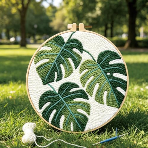 FREEBLOSS DIY Punch Needle Kit for Beginners Monstera Deliciosa Embroidery Punch Needle Starter Craft Set with Instructions Embroidery Hoop Complete Tools for Adults Gift Decoration, 7.9"/20cm - Image 4