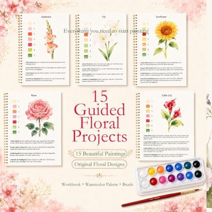 Watercolor Workbook for Beginners, 15 Beautiful Flower Water Coloring Book, Includes 24 Water Colors Workbooks Paint Set, Relaxing Art Projects and Creative Gift for Adults & Teen - Image 4