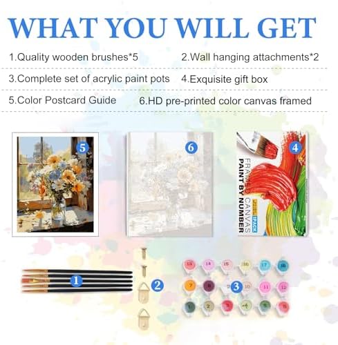 PRASIO Framed Paint by Numbers Kit for Adults Beginner, Flowers Adult Paint by Number Kits on Canvas Framed, DIY Acrylic Watercolor Oil Paint by Numbers with Frame for Gift Home Decor 16x20 Inch - Image 5