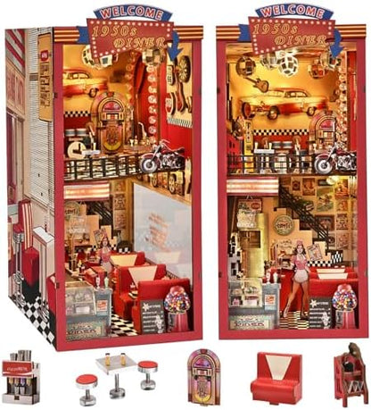 fifijoy Book Nook Kit - DIY Miniature House Dollhouse Kit for Adults and Teens, Booknook Retro Diner Bookshelf Decor 3D Wooden Puzzle with LED Light, Gifts for Family and Friends (1950s Diner) by fifijoy