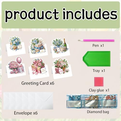 jinglinhh 6pcs Diamond Art Painting Birthday Flower Cake Greeting Cards with Envelopes, DIY Card Making Kits for Adults, Diamond Art Postcards Christmas Cards Craft Gifts - Image 3