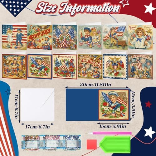 Saillong 12 Pack Vintage 4th of July Diamond Painting Greeting Card Kits Patriotic Diamond Art Cards with Envelopes Retro Red White Blue 5D Rhinestones Painting Making Kits for Adults DIY Craft Gifts - Image 4