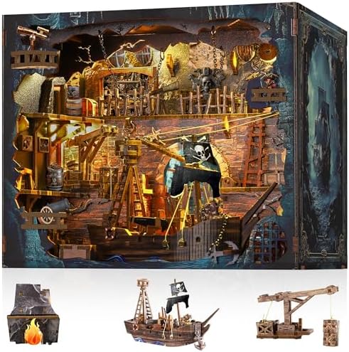 Book Nook Kit – 3D Wooden Puzzle with Interactive LED Lights, DIY Miniature Decor for Adults & Teens, Enchanting Storytelling Bookshelf Insert（Pirate Bay） by Unknown