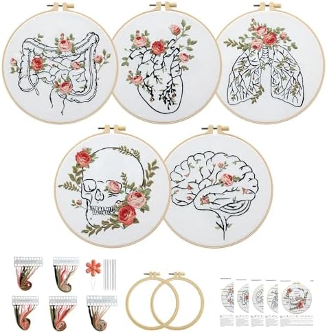 5 Sets Skull Embroidery Kits for Beginners Adults, Anatomy Embroidery Starter Kit for Doctors Nurses Christmas Gifts with Floral Stamped Pattern DIY Needlepoint Kit Cross Stitch Set Includes 2 Hoops by CMINAUS