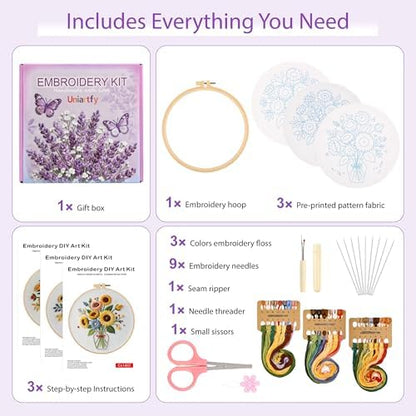 Uniartfy 3 Sets Sunflower Embroidery Kits for Beginners, Needlepoint Kits for Adults, Cross Stitch Kit with Cloth, Hoop, Threads and Instruction, Easy to Learn Embroidery Starter Kit for Craft Lover - Image 2