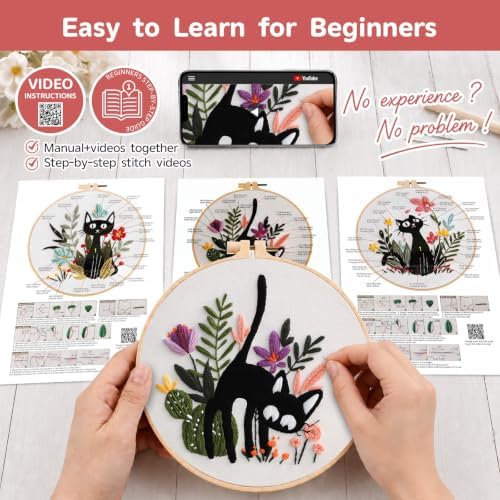 Meyocky Embroidery Kit for Beginners with Cat Flower Patterns& Stitch Video - Image 3