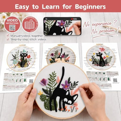 Meyocky Embroidery Kit for Beginners with Cat Flower Patterns& Stitch Video - Image 3