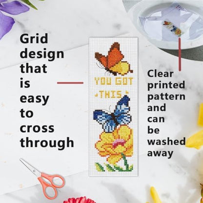 INFUNLY 6pcs Butterfly Quotes Cross Stitch Bookmark Kit DIY Embroidery Starter Set 3x8.5 Inch Cotton Linen Pre-Printed Fabric 14 Colors Floss Backing Felt Needles Threader Instructions for Book Lovers - Image 3