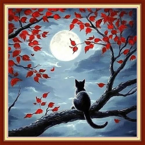 Redxing Stamped Cross Stitch Kits Embroidery kit for Beginners Adults Full Range of Embroidery Patterns Starter Kits DIY Printed Cross Stitch Kits Needlepoint Kits 11CT-Cat Admiring Moon 18x18 inchs by RedxingStampedCrossStitchK