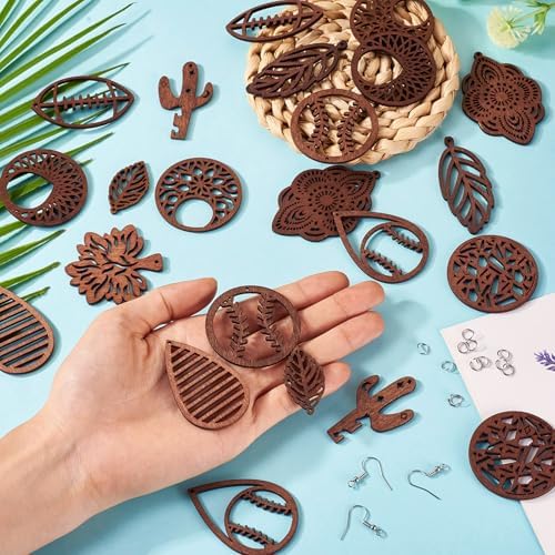 Elecrelive 12 Pairs Filigree Wood Dangle Earring Kits Leaf Teardrop Cactus Baseball Rugby Wooden Earring Pendants Saddle Brown with Ear Wires for Jewelry Craft Making - Image 6