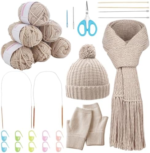 WEBEEDY Knitting Kit for Beginners Adults, Hat Scarf Glove Knitting Starter Kit Complete Beginners Knit Set with Yarn, Knit Needles, Easy to Follow Instruction for Crocheting Accessories Gift by WEBEEDY
