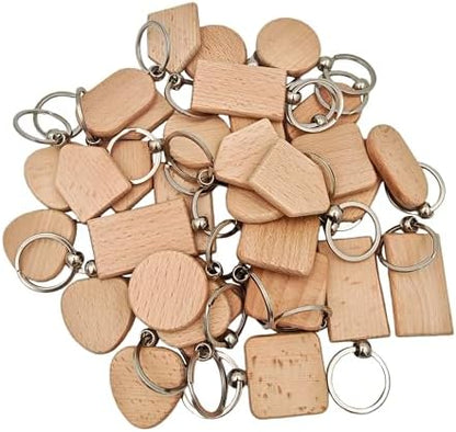 YOZIEMQ 30PCS Wood Engraving Blanks Key Chain，Wood Keychain Blanks，Assorted Unfinished Wooden Key Tag Key Ring for DIY Gift Crafts Christmas Ornaments Laser (30) - Image 3