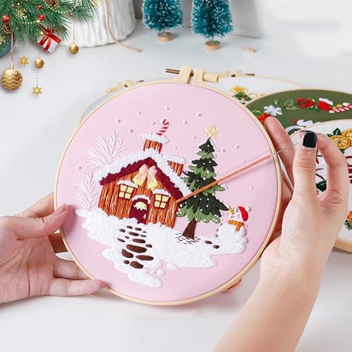Huacan Embroidery Kits for Adults Beginner 4 Pcs Stamped Christmas Tree Pattern Stitching DIY Sewing Kit 7.9 x 7.9 Inch - Image 6