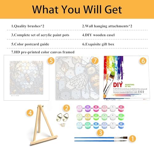 Mowana Paint by Numbers Kit for Adults Framed Canvas - with Wooden Easel, Adults' Paint-by-Number Kits Bee DIY Acrylic Oil Painting Kits Arts Crafts 7.8x7.8inch - Image 2