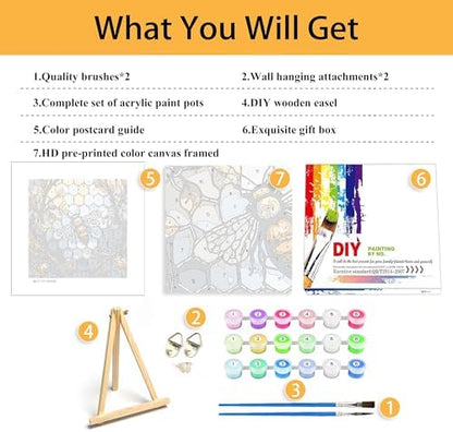 Mowana Paint by Numbers Kit for Adults Framed Canvas - with Wooden Easel, Adults' Paint-by-Number Kits Bee DIY Acrylic Oil Painting Kits Arts Crafts 7.8x7.8inch - Image 2