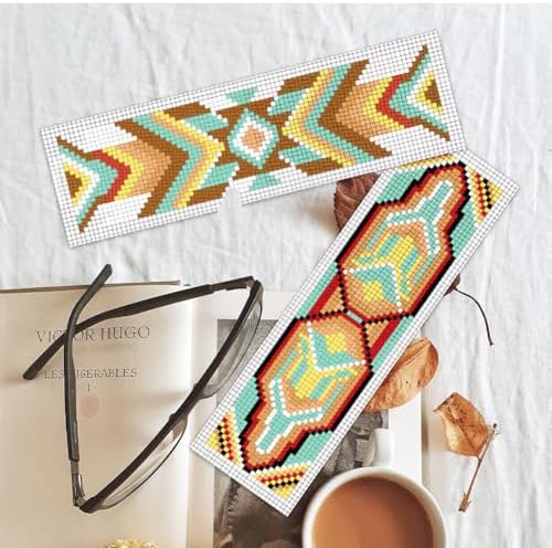 BEUNITONE Cross Stitch Bookmarks Kit 6 Pcs Geometric Pattern DIY Bookmarks Cross Stitch Kits for Beginners Boho Floral Fabric Bookmark Kit Traditional Decorative Counted Knitting Kit 8''x2.4'' - Image 5