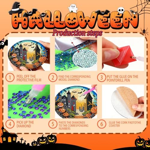 6 Pcs Halloween Diamond Art Coasters Kits,Diamond Painting Coasters Kits - Image 3
