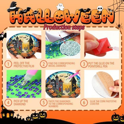 6 Pcs Halloween Diamond Art Coasters Kits,Diamond Painting Coasters Kits - Image 3
