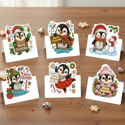 jinglinhh 6pcs Diamond Art Painting Christmas Penguin Candy Cane Greeting Cards with Envelopes, DIY Card Making Kits for Adults, Diamond Art Postcards Christmas Cards Craft Gifts - Image 5