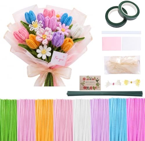 All-in-One Pipe Cleaners Flower Kit, 800 PCS DIY Flower Bouquet Making Kit with 8 Colors Pipe Cleaners, Floral Wire, Tape, Wrapping Paper & Video Tutorial, Handmade Gift for Adults, Teens, Beginners by 5thlily