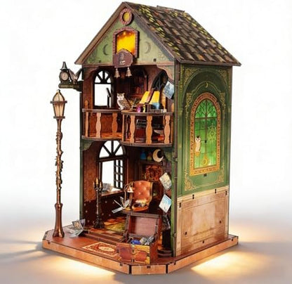 Book Nook DIY Miniature House Kit, 3D Wooden Puzzle Coffee House Dollhouse with Light & Tools, Creative Bookshelf Insert Craft Gifts for Adults Teens (Owl Library) by ANTREATU