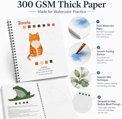 Teswarha Animals Watercolor Workbook With12 Sheets 300GSM Art Paper 16 Colors Watercolor Paint Set with 2 Watercolor Brushes Water Coloring Book Kit for Adults Teens 8.2 x 9.8in - Image 2