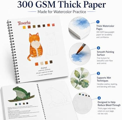Teswarha Animals Watercolor Workbook With12 Sheets 300GSM Art Paper 16 Colors Watercolor Paint Set with 2 Watercolor Brushes Water Coloring Book Kit for Adults Teens 8.2 x 9.8in - Image 2