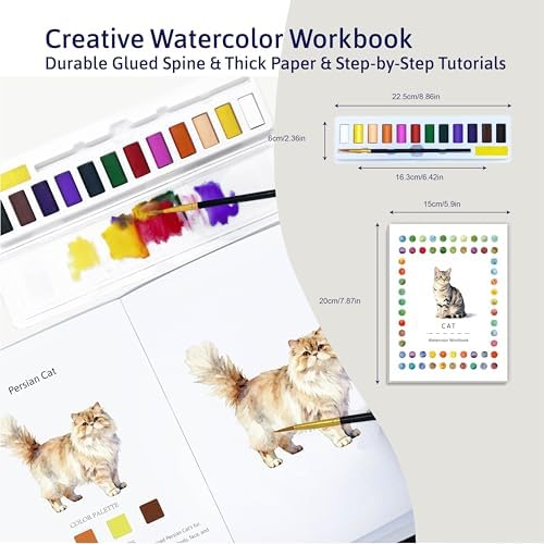CraftyManor Watercolor Workbook Creative Insect Water color Paint Book Set with Paints & Brush, 12 Patterns of Original DIY Designs, Beginner-Friendly Adult Coloring Books (Cat) - Image 2