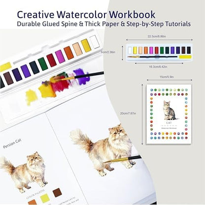 CraftyManor Watercolor Workbook Creative Insect Water color Paint Book Set with Paints & Brush, 12 Patterns of Original DIY Designs, Beginner-Friendly Adult Coloring Books (Cat) - Image 2