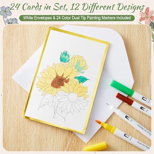 Motiskyy 24 Pack Watercolor Painted Flowers Greeting Cards to Paint Set for Teachers Students Thank You Notes DIY Card Customizable Teens with Envelopes 24 Marker Pens Gold Foil Blank Gift Cards - Image 5