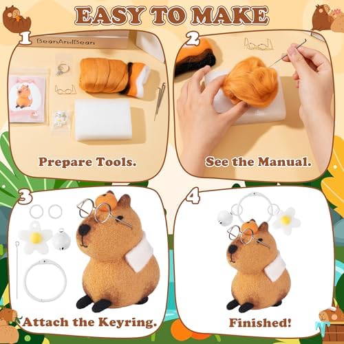 Capybara Needle Felting Kit - 5 Set Cute Animal DIY Doll Wool Craft Set with Felt Tool Instruction Foam Mat, DIY Needlework Keychain Craft for Adults Beginners Christmas Birthday Gift (Style 3) - Image 3