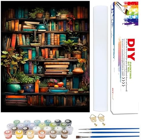Yunruily Bookshelf Paint by Number Canvas for Adults-Bookshelf Paint by Numbers Adult,Book Oil Painting by Numbers for Adults and Home Wall Decor(with Gifts Box) 16x20inch by VintageStyleWallDecoration